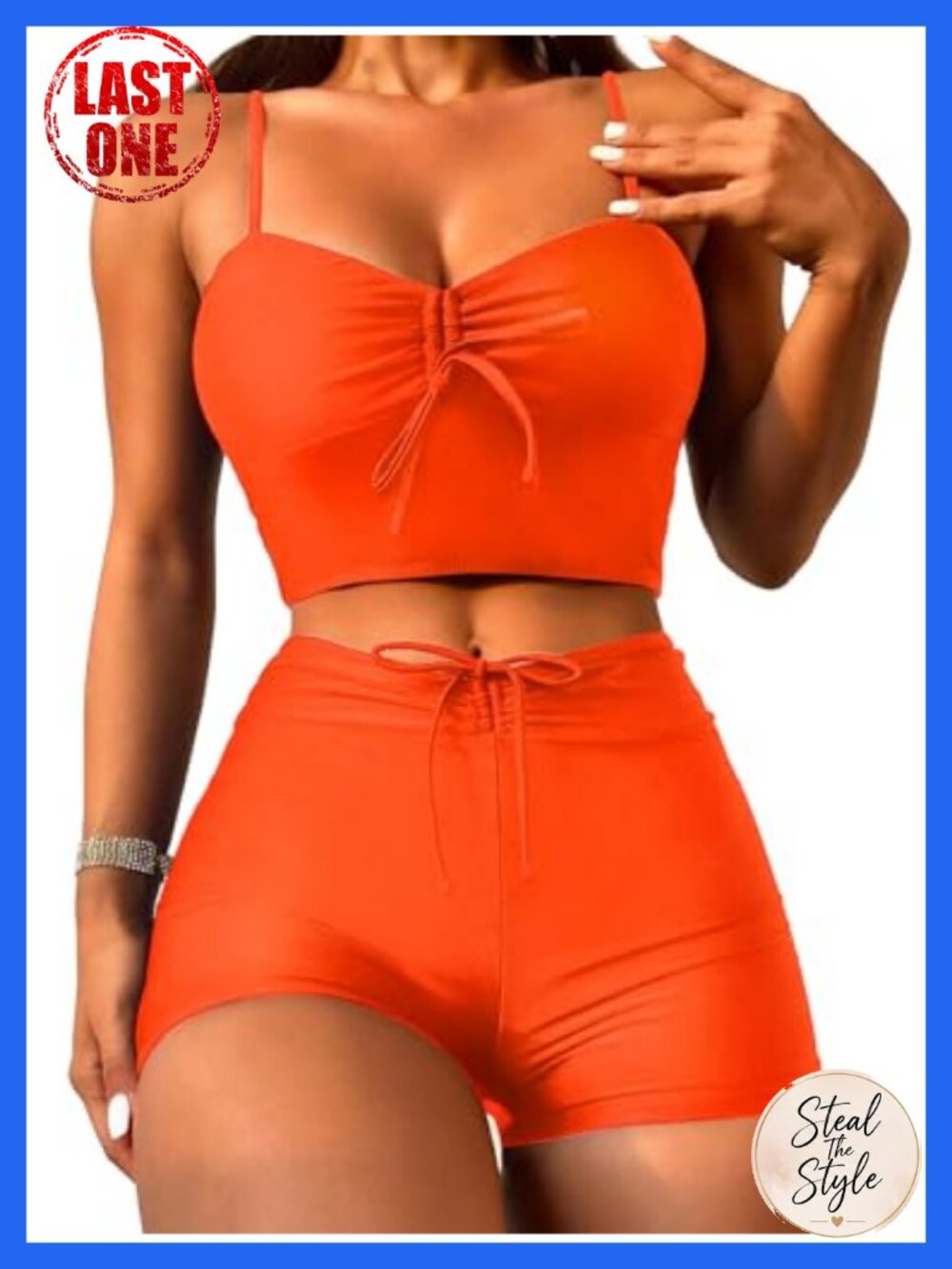 2 Piece Tankini Set High Waisted Boyshorts Tummy Control Drawstring V-Neck